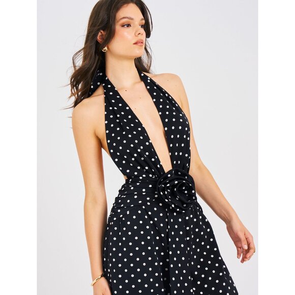 Oriana Black Polka Dots Halter Jumpsuit - Picture 1 of 16